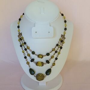 Triple Layered Shades Of Green Beaded Gold Leaves Fairy Necklace Choker Bib 16"